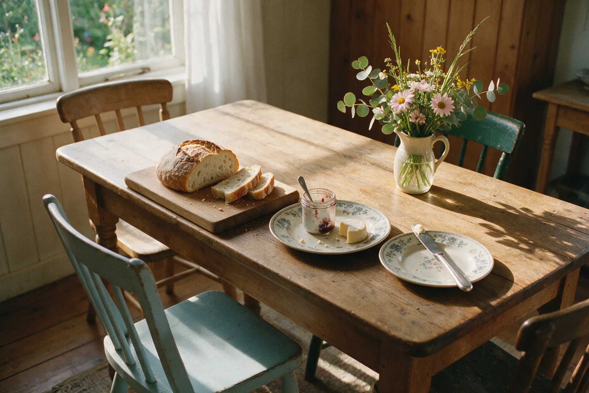A wooden kitchen table after breakfast, with bread, plates, wildflowers, and a chair pulled out.