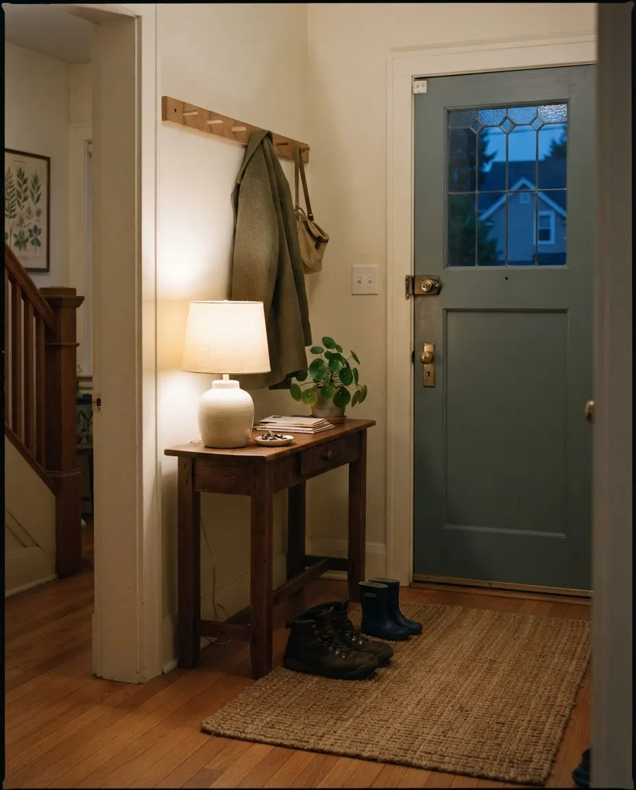 A lamp left on in an entryway beside a blue front door at dusk.