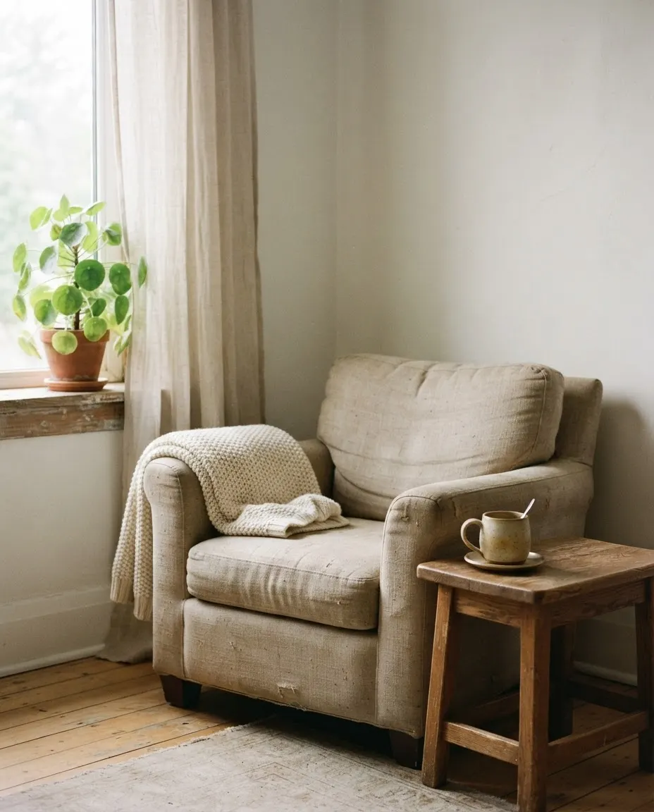 A linen armchair with a folded knit throw and a cup of tea beside it, in soft window light.
